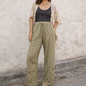 Raquel Allegra wide leg Drawstring Pants in green fringe hem size 0